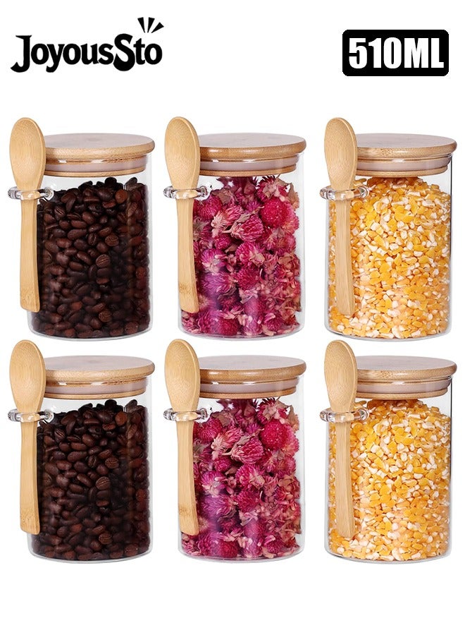 متجر الفرح مجموعة من 6 برطمانات زجاجية بأغطية من الخيزران وملاعق، 18 أونصة/510 مل، مجموعة حاويات سكر قهوة مع مغرفة، برطمانات شوفان ليلية مع أغطية وملعقة للشاي السائب والزبادي وحبوب القهوة والمزيد - Image 1