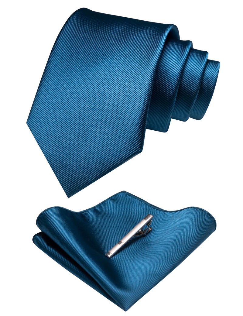 JEMYGINS Peacock Blue Formal Necktie and Pocket Square Tie Clip Sets for Men (peacock blue) - Image 1