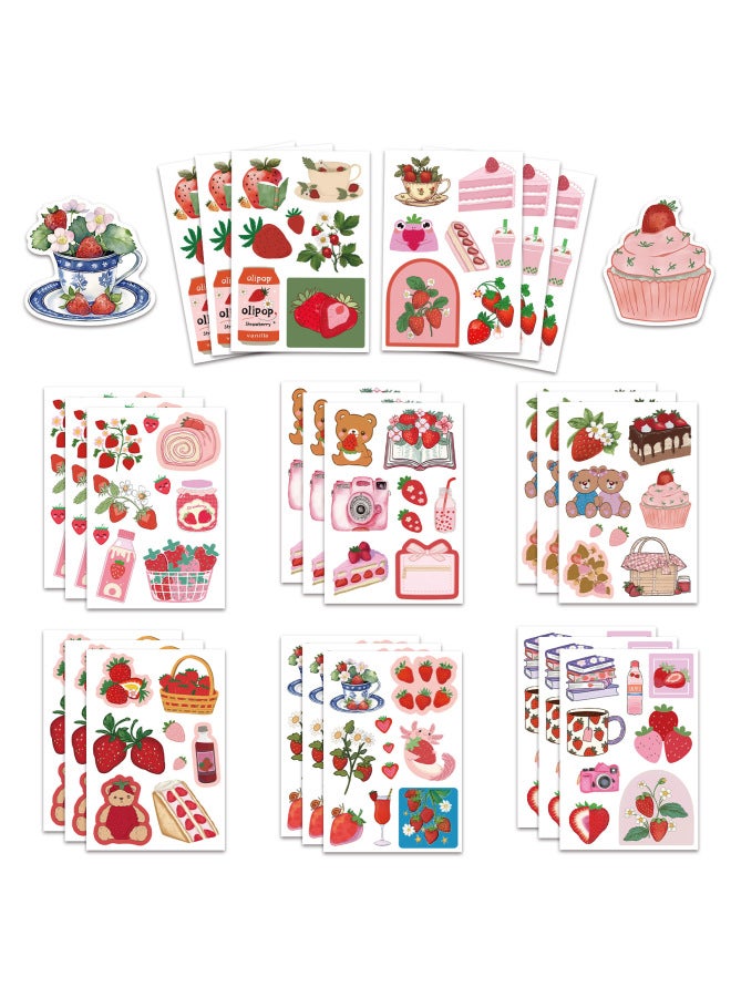8 Cartoon Strawberry Fruit Self-adhesive Handbook Material Stickers Aesthetic Decorative Stickers Diy Water Cup