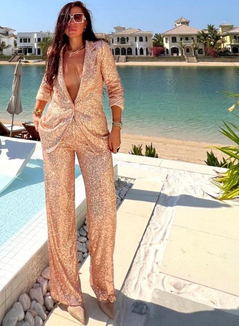 VENTIUP Women Wide Leg Sequin Pants Gold - Image 2