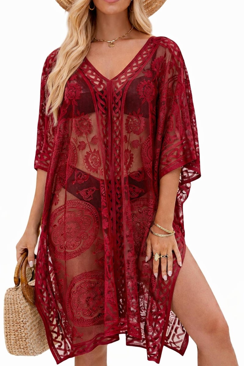 colornival Women's Swimwear Cover-Up for Beach and Pool, Lace V-Neck Swimsuit Dress, Bikini Cover-Up - Image 1