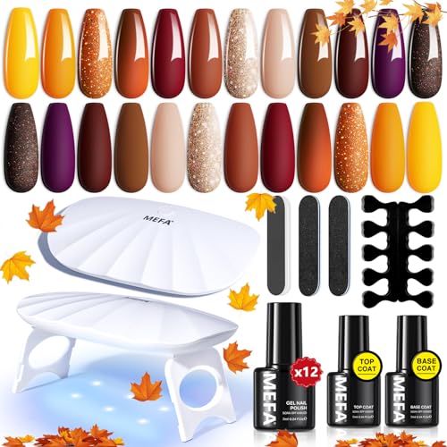 MEFA 19 Pcs Gel Nail Polish Kit with U V Light, 12 Colors Fall Gel Nail Polish Set Burgundy Red Champagne Gold Purple Glitter Soak Off Manicure Tools Halloween Beginners Salon Art DIY for Women - Image 1
