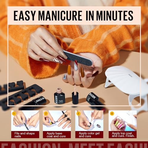 MEFA 19 Pcs Gel Nail Polish Kit with U V Light, 12 Colors Fall Gel Nail Polish Set Burgundy Red Champagne Gold Purple Glitter Soak Off Manicure Tools Halloween Beginners Salon Art DIY for Women - Image 5