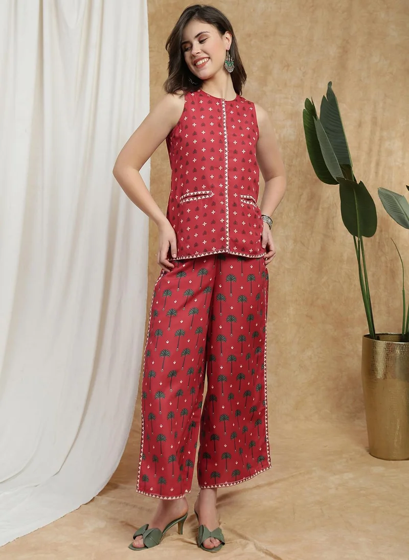 globus Globus Women Maroon Round Neck Mandarin Collar Ethnic Print Flared Tunic & Palazzos Fusion Co-Ord Set