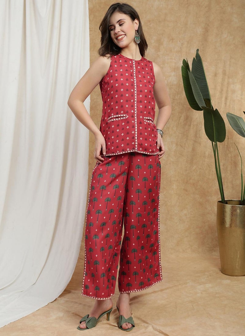 Globus Women Maroon Round Neck Mandarin Collar Ethnic Print Flared Tunic & Palazzos Fusion Co-Ord Set - Image 1