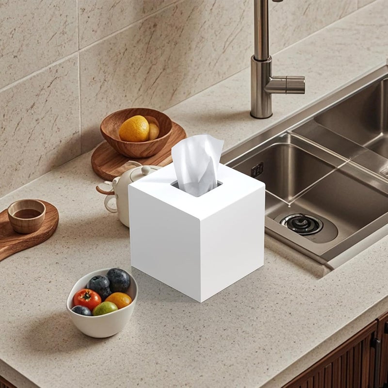 PITBVO Tissue Box Cover, Acrylic Tissue Box Holder Matte White Square Tissue Box Cover, Handmade Facial Tissue Holder Napkin Dispenser for Bathroom Kitchen Bedroom Home Office 5" L x 5" W x 5" H - Image 2