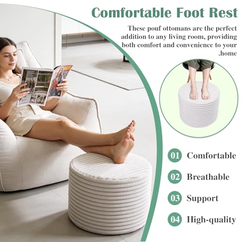 Setguopal Round Pouf Ottoman, Stuffed Floor Pouf with Foam Chunk Filling, Soft Coral Fleece Furry Foot Rest Stool, Multi-Use Ottoman for Living Room, Wide Stripe Boho Decor, White - Image 4