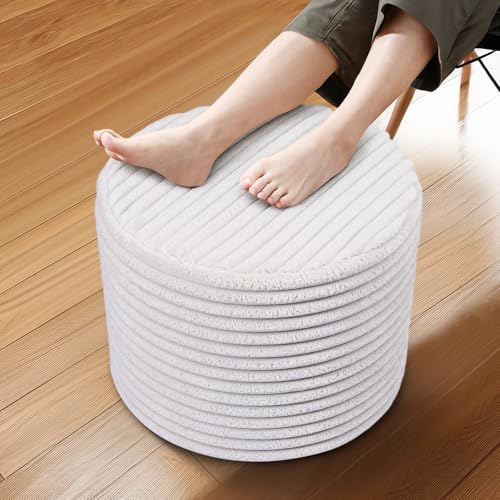Setguopal Round Pouf Ottoman, Stuffed Floor Pouf with Foam Chunk Filling, Soft Coral Fleece Furry Foot Rest Stool, Multi-Use Ottoman for Living Room, Wide Stripe Boho Decor, White - Image 1