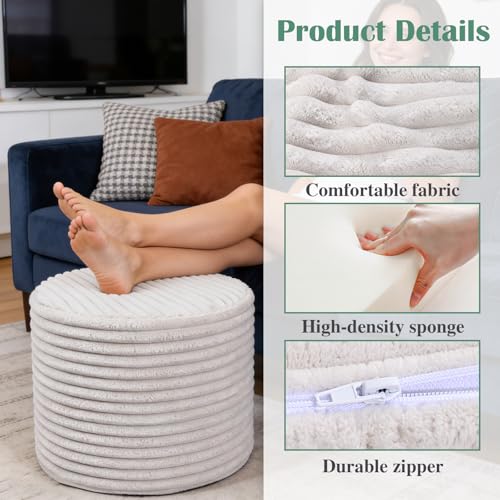 Setguopal Round Pouf Ottoman, Stuffed Floor Pouf with Foam Chunk Filling, Soft Coral Fleece Furry Foot Rest Stool, Multi-Use Ottoman for Living Room, Wide Stripe Boho Decor, White - Image 2