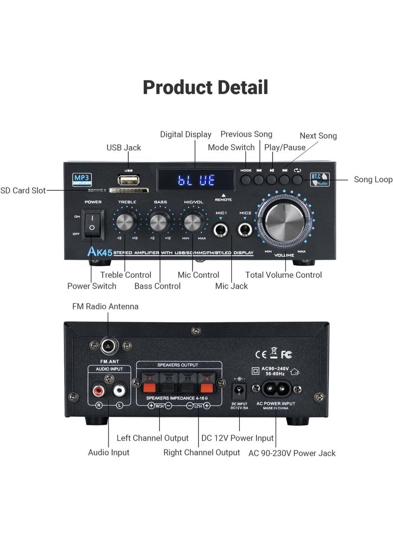 Home Audio Amplifier,Receivers with Bluetooth 5.0,Dual Channel Speaker Amplifier with FM Radio, USB, SD Card Input for Home Theater Audio Stereo System with Remote Control - Image 2
