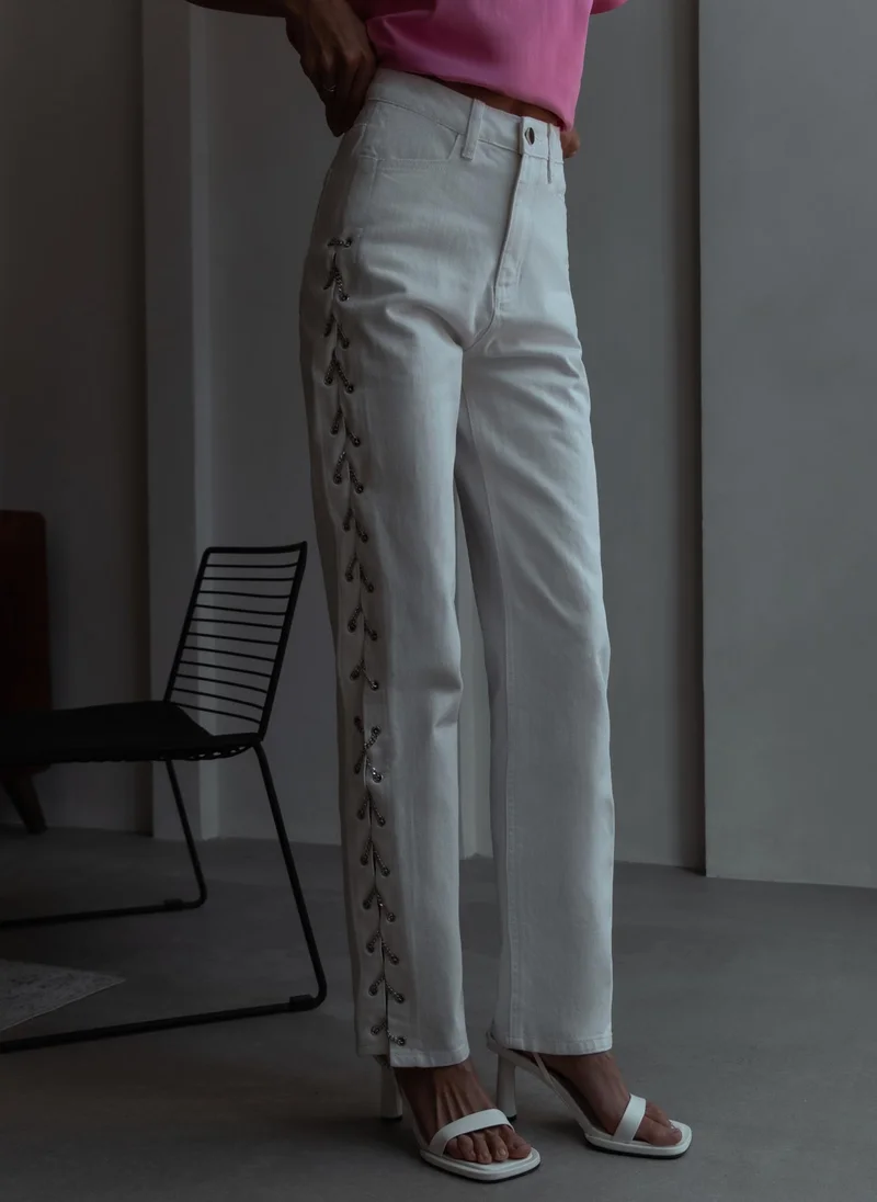 Lichi  Straight jeans with side chain decor for Women | Best Price UAE