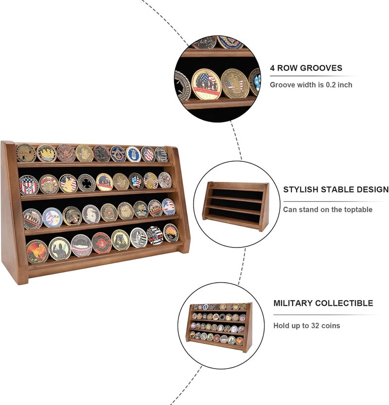 ASmileIndeep 4 Rows Military Challenge Coin Holder Display Holds 32 Coins, Solid Wood Army Coin Rack Display Case Stand for Wall Mount or Tabletop, Walnut - Image 3