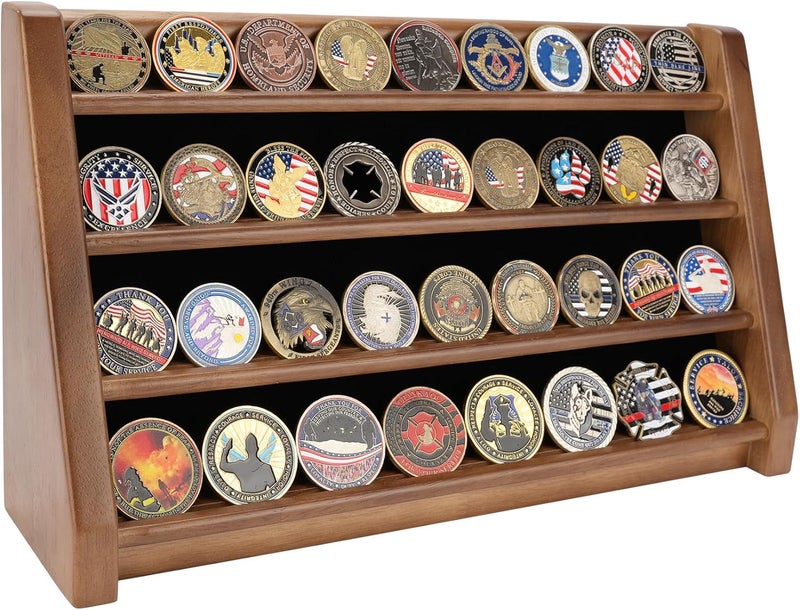 ASmileIndeep 4 Rows Military Challenge Coin Holder Display Holds 32 Coins, Solid Wood Army Coin Rack Display Case Stand for Wall Mount or Tabletop, Walnut - Image 1