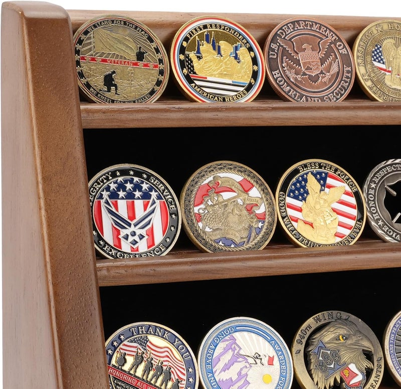 ASmileIndeep 4 Rows Military Challenge Coin Holder Display Holds 32 Coins, Solid Wood Army Coin Rack Display Case Stand for Wall Mount or Tabletop, Walnut - Image 5