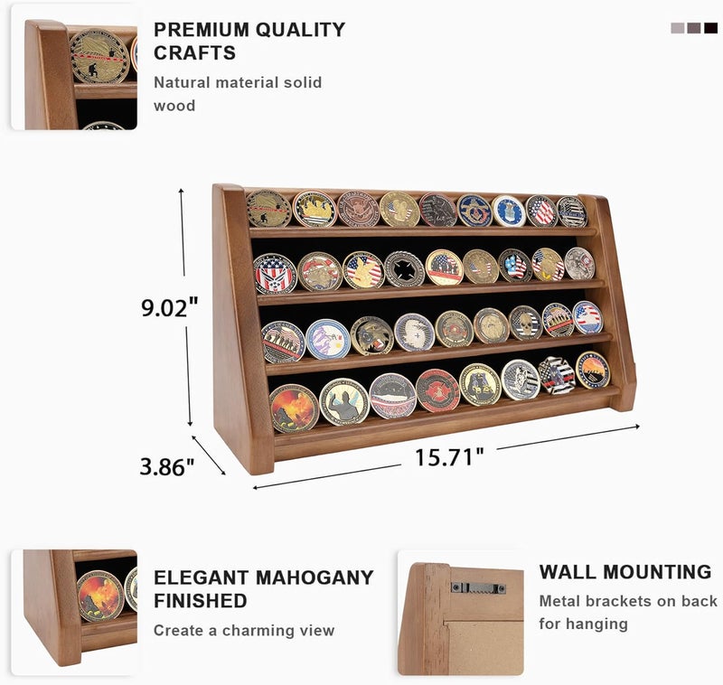 ASmileIndeep 4 Rows Military Challenge Coin Holder Display Holds 32 Coins, Solid Wood Army Coin Rack Display Case Stand for Wall Mount or Tabletop, Walnut - Image 2