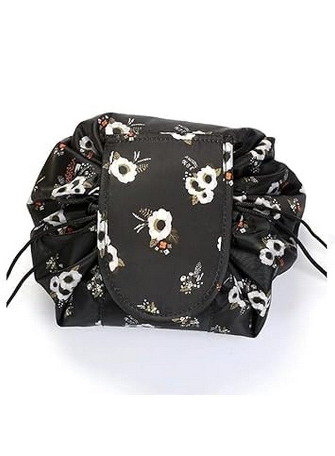 Keetly Stylish Portable Lazy Cosmetic Bag with Drawstrings | Convenient & Waterproof Makeup Pouch for Girls | Large Capacity Storage Pouches | Toiletry Bags for Women(Flower Black) - Image 1