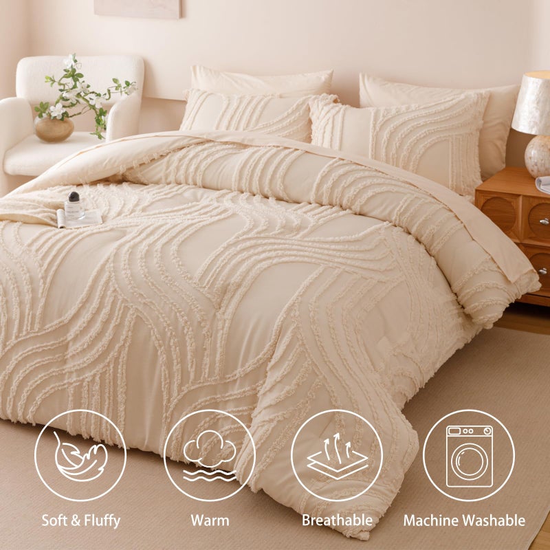 Nttopship Beige Full Comforter Set - 7 Pieces Bed in a Bag, Premium Comforters Full Size Bed Set Tufted Shabby Chic Bedding Comforter Set with Flat Sheet, Fitted Sheet and Pillowcases,Beige - Image 2