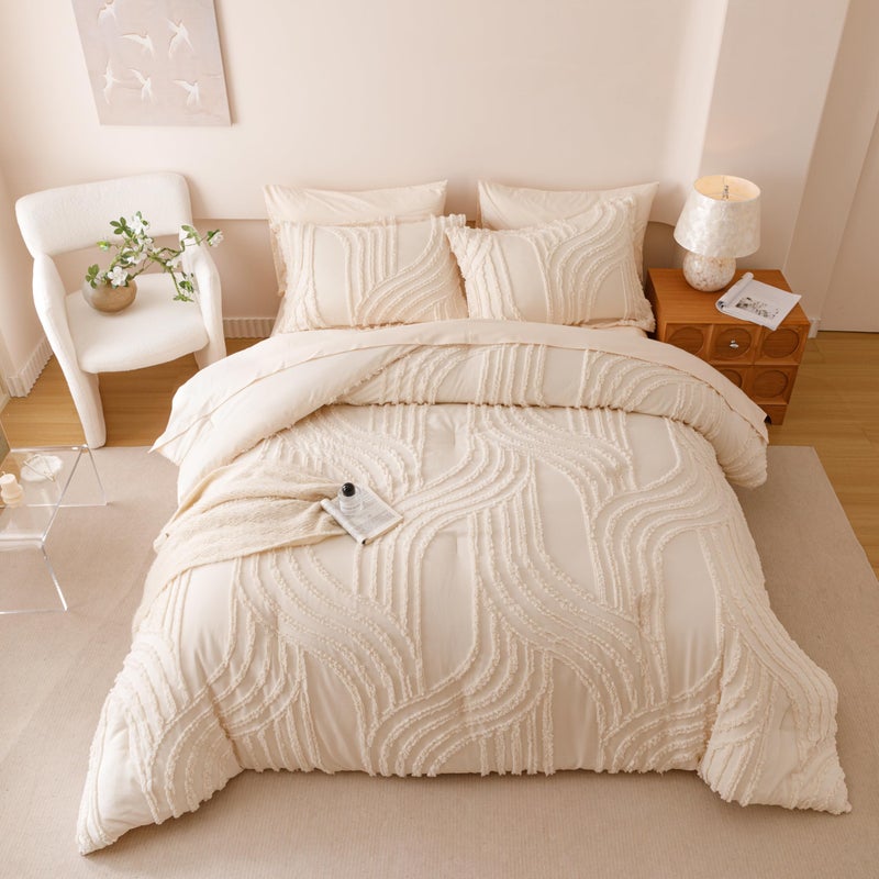 Nttopship Beige Full Comforter Set - 7 Pieces Bed in a Bag, Premium Comforters Full Size Bed Set Tufted Shabby Chic Bedding Comforter Set with Flat Sheet, Fitted Sheet and Pillowcases,Beige - Image 1