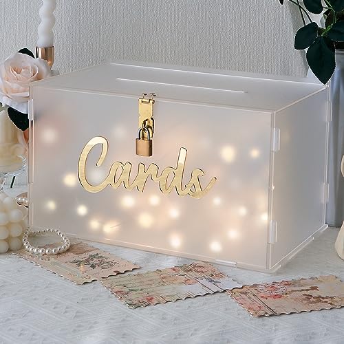 OurWarm Frosted Acrylic Wedding Card Box with Lock Large Gift Card Box for Wedding Reception with Slot and String Light - Image 1