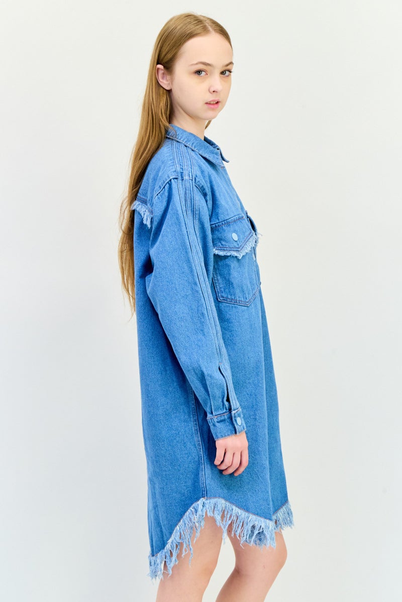 adidas Originals Women Sportswear Fit Washed Denim Outdoor Shirt Dress, Blue - Image 2