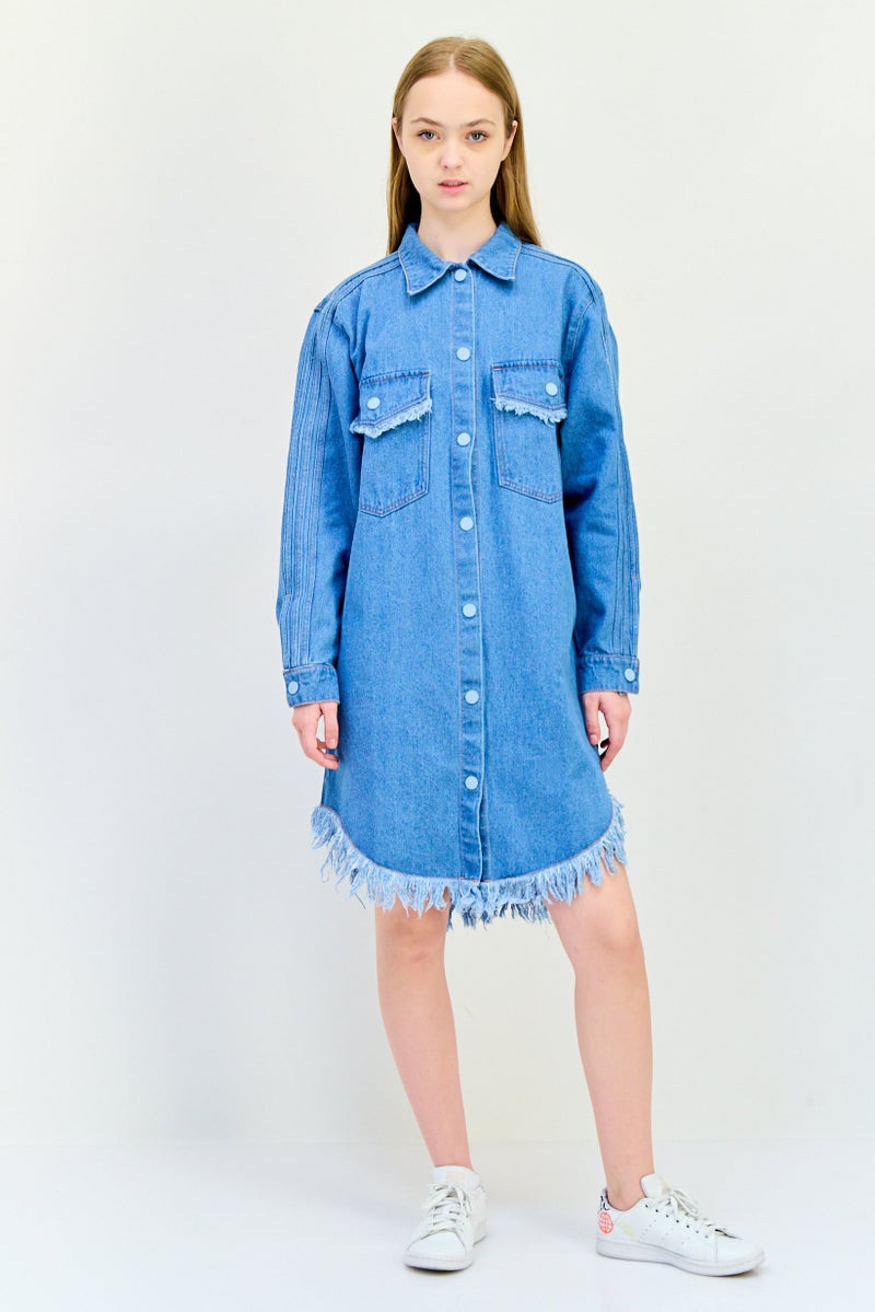 adidas Originals Women Sportswear Fit Washed Denim Outdoor Shirt Dress, Blue - Image 3