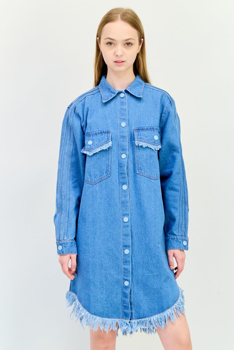 adidas Originals Women Sportswear Fit Washed Denim Outdoor Shirt Dress, Blue - Image 1