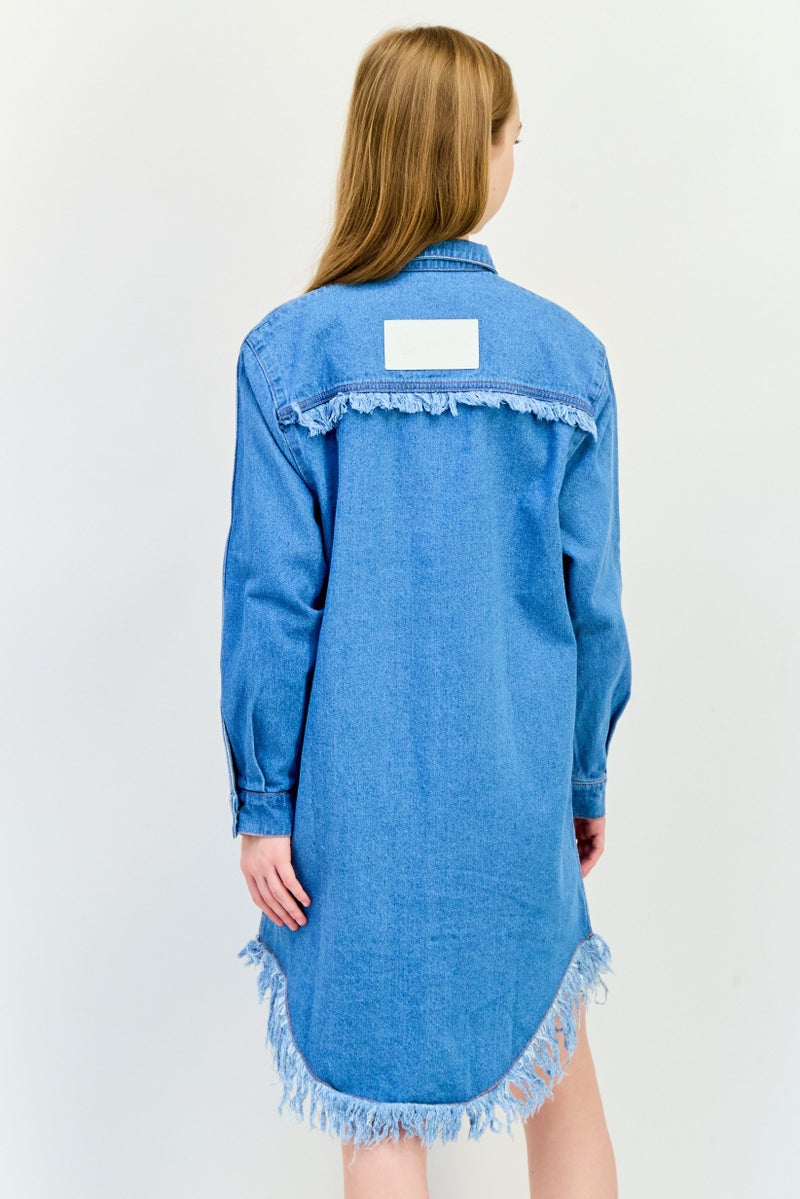 adidas Originals Women Sportswear Fit Washed Denim Outdoor Shirt Dress, Blue - Image 4