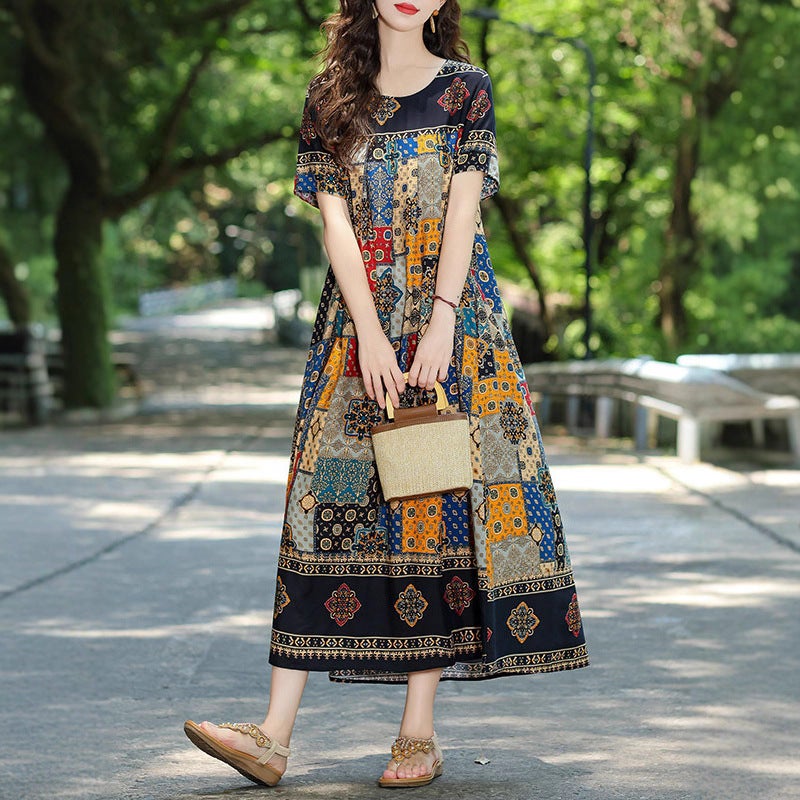 Ethnic Floral Print Cotton Linen Dress, Long Maxi Dress for Women - Image 1