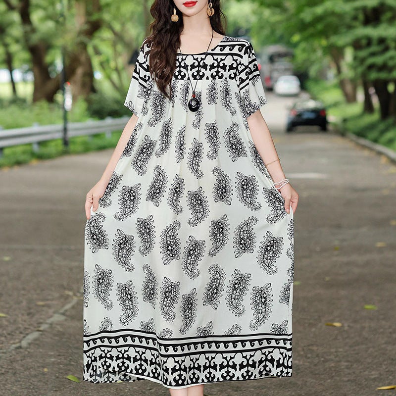 Ethnic Floral Print Cotton Linen Dress, Long Maxi Dress for Women - Image 4