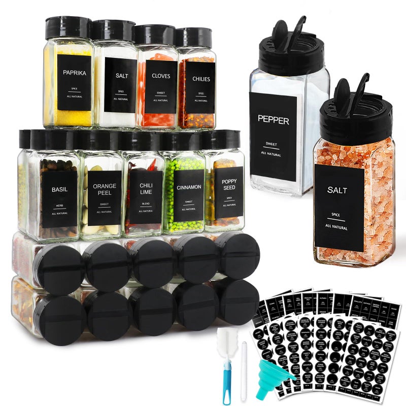 AISIPRIN Spice Jars with Lable Glass Salt and Pepper Shakers Set 24 Pcs Spice Botter with Shaker Lids Ktchen Essentials Seasoning Organizer Containers Included 398 LablesFunnel Brush Marker