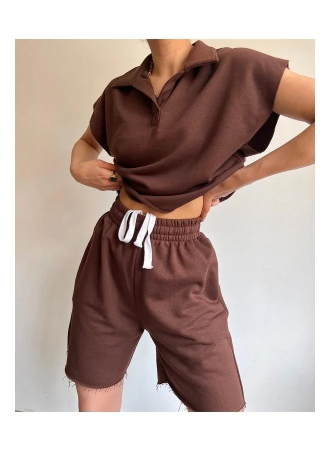MAI STUDIOS CO.  Mai Polo Neck Coffee Shorts Set for Women | Best Price UAE