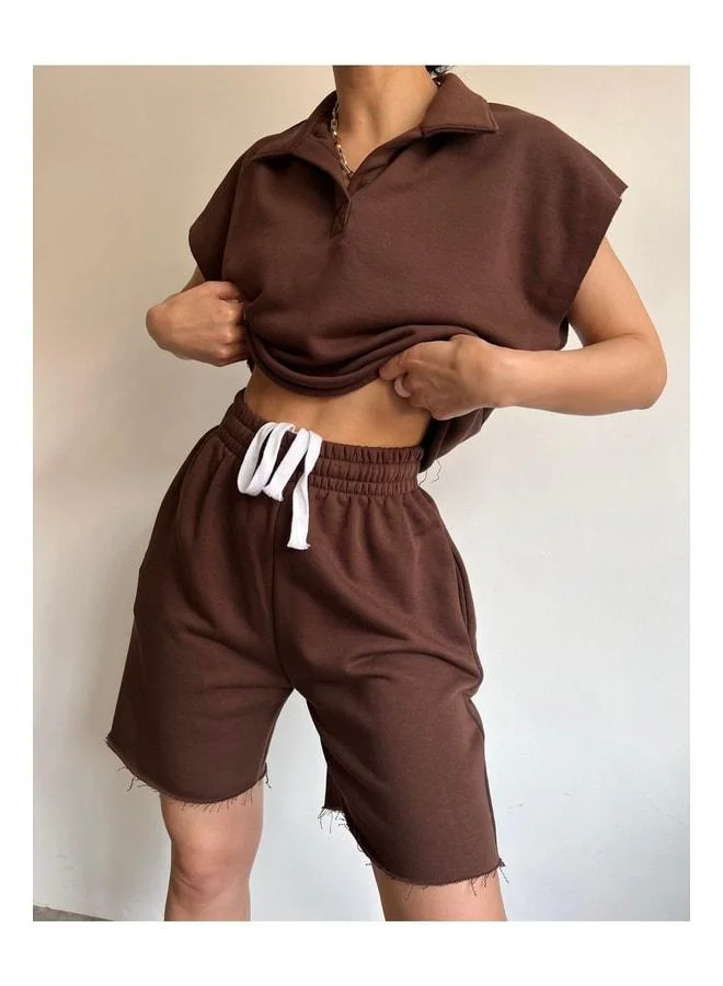 MAI STUDIOS CO.  Mai Polo Neck Coffee Shorts Set for Women | Best Price UAE