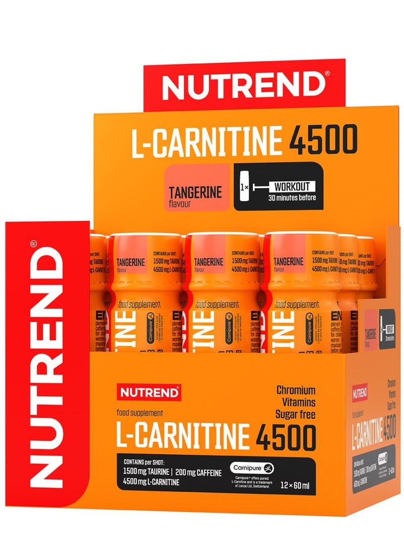 NUTREND L-carnitine 4500 Sugar free - Chromium - Vitamins - 1500mg Taurine - 200mg Caffeine - 4500mg L-carnitine - 12 Pcs x 60 Ml (Tangerine Flavour) - Image 1