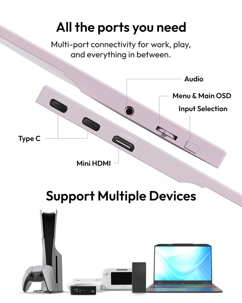 Pixio PX160 Wave Pink Portable Monitor 15.6 inch 60Hz FHD 1080p IPS Panel HDR Screen Cover Stand USB-C HDMI Laptop Screen Extender Portable Monitor for Laptop, PC, Console, Phone - Image 5
