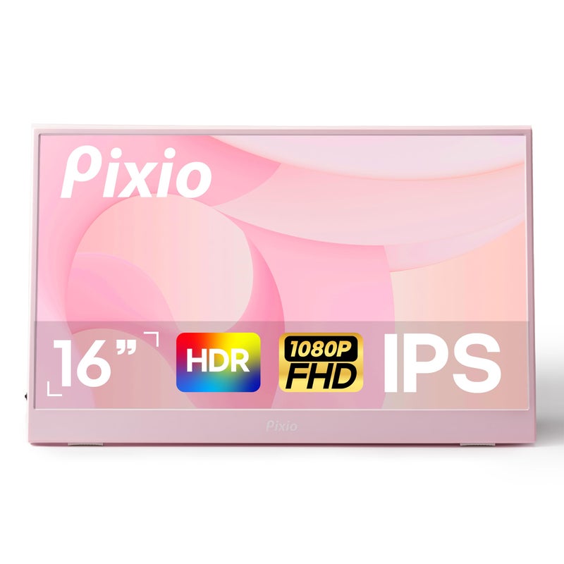Pixio PX160 Wave Pink Portable Monitor 15.6 inch 60Hz FHD 1080p IPS Panel HDR Screen Cover Stand USB-C HDMI Laptop Screen Extender Portable Monitor for Laptop, PC, Console, Phone - Image 1