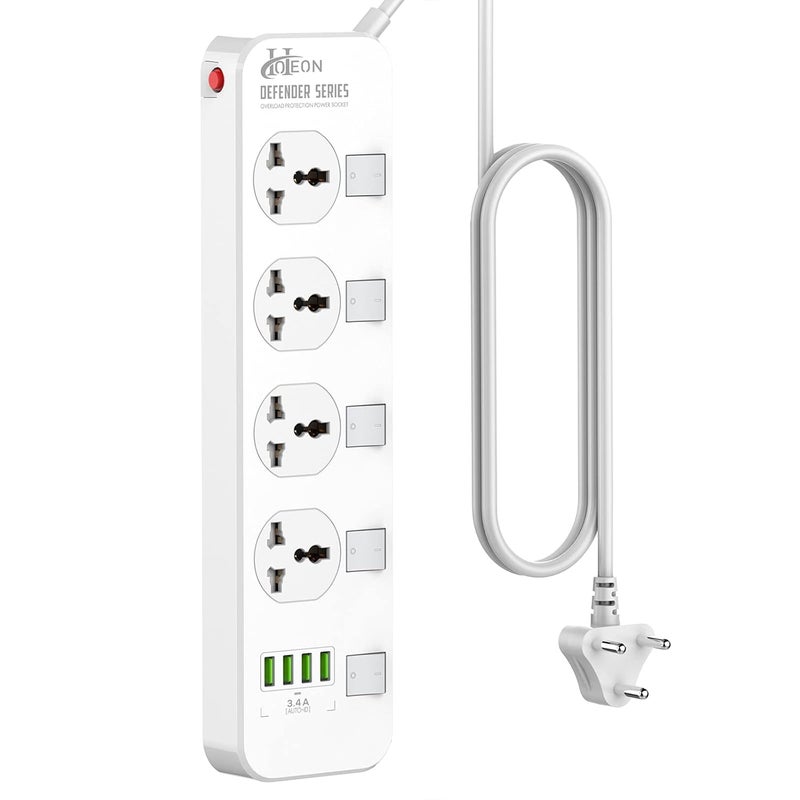 Hoteon 2500W Extension Board With Usb Slots Individual Switch Safety Shutter 4 Usb Ports34A 4 Way Outlets Power Strips With Universal Sockets And 2M Extension Cord 3Pin White 250 Volts - Image 1