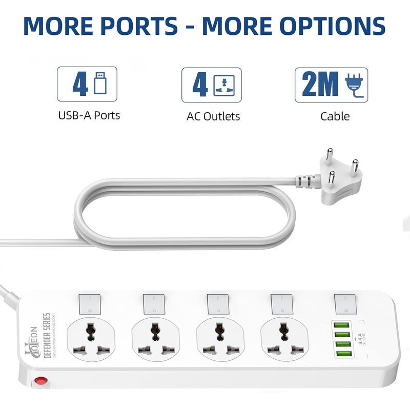Hoteon 2500W Extension Board With Usb Slots Individual Switch Safety Shutter 4 Usb Ports34A 4 Way Outlets Power Strips With Universal Sockets And 2M Extension Cord 3Pin White 250 Volts - Image 2