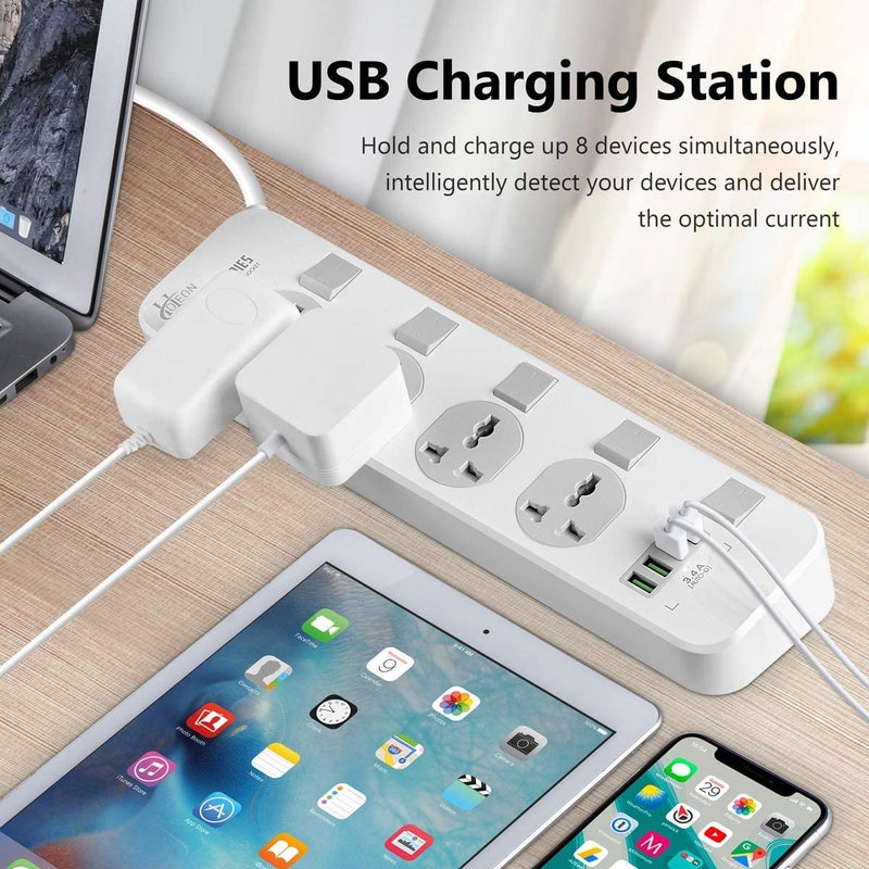 Hoteon 2500W Extension Board With Usb Slots Individual Switch Safety Shutter 4 Usb Ports34A 4 Way Outlets Power Strips With Universal Sockets And 2M Extension Cord 3Pin White 250 Volts - Image 4