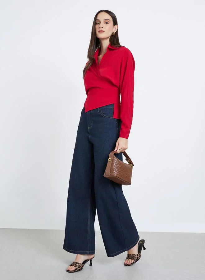 Styli Styli Solid Collared Long Sleeve Wrap Top
