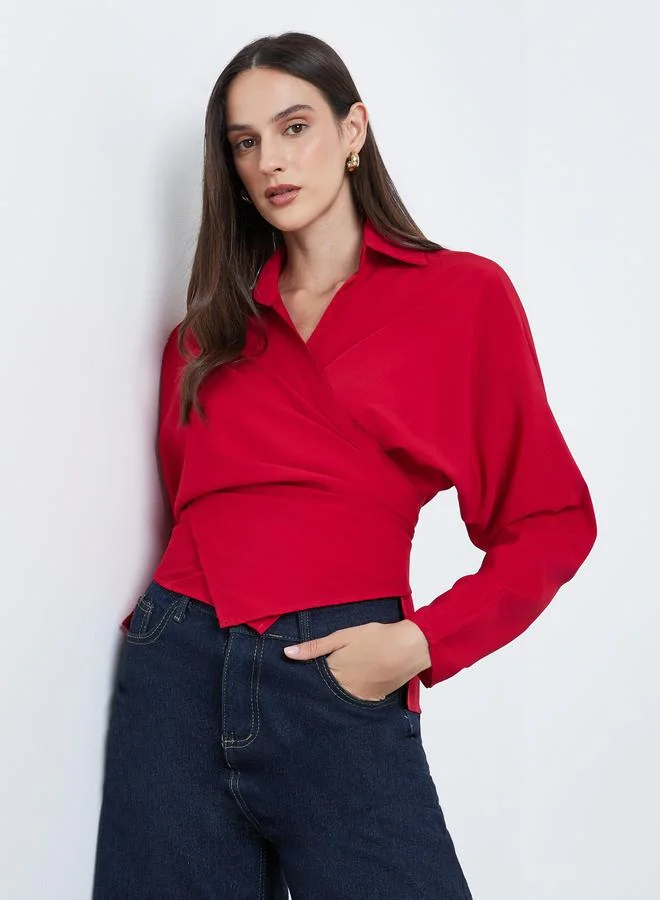 Styli Styli Solid Collared Long Sleeve Wrap Top