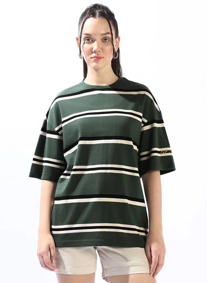 Women's Multicolour 100% Cotton Striped Oversized T-Shirt