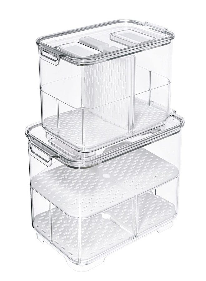 SANNO Vegetable Fruit Storage Containers, Food Storage Containers Fridge Produce Save, Stackable Refrigerator Organizer Keeper Drawers Bins Baskets with Lids and Removable Drain Tray - Image 1