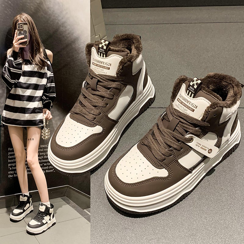 Women's Shoes Winter High-Top Cotton Shoes Fleece-Lined Warm Sneakers 2024 New Thick-Soled Dad Shoes Girls Trbottomy Shoes - Image 5
