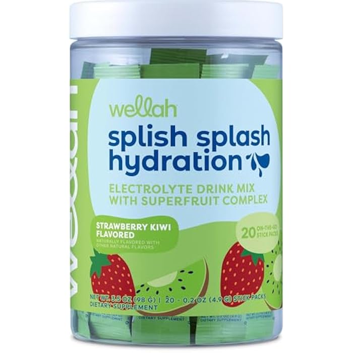 Wellah Splish Splash Hydration (Strawberry Kiwi Flavor) 20 Stick Packs - Electrolyte Drink Mix with Superfruit Complex - Image 1