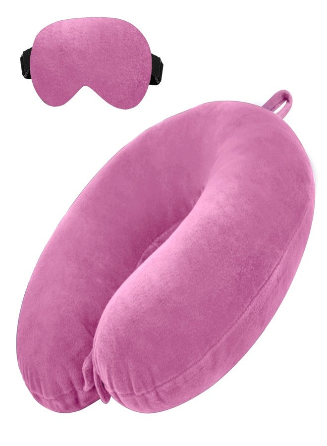 GREELI U Shaped Neck Pillow Soft Fiber Filled Travel Cushion with Snap Button, Comfortable Fabric, Neck Support for Flight, Bus, Car, Neck Pillow for Pain Relief (Pink with Eye Mask) - Image 1