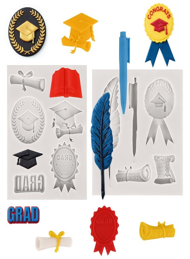 Sakolla 2 Pack 2026 Graduation Candy Chocolate Molds, Doctoral Cap Diploma Scroll Badge Pen Shape Fondant Silicone Molds for Party Cake Decoration（Mini/Grey） - Image 1