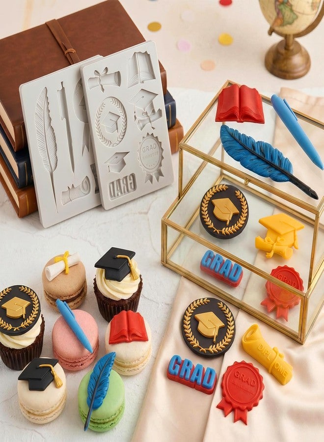 Sakolla 2 Pack 2026 Graduation Candy Chocolate Molds, Doctoral Cap Diploma Scroll Badge Pen Shape Fondant Silicone Molds for Party Cake Decoration（Mini/Grey） - Image 2