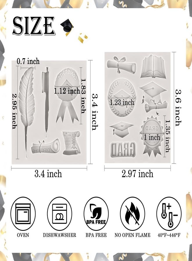 Sakolla 2 Pack 2026 Graduation Candy Chocolate Molds, Doctoral Cap Diploma Scroll Badge Pen Shape Fondant Silicone Molds for Party Cake Decoration（Mini/Grey） - Image 3