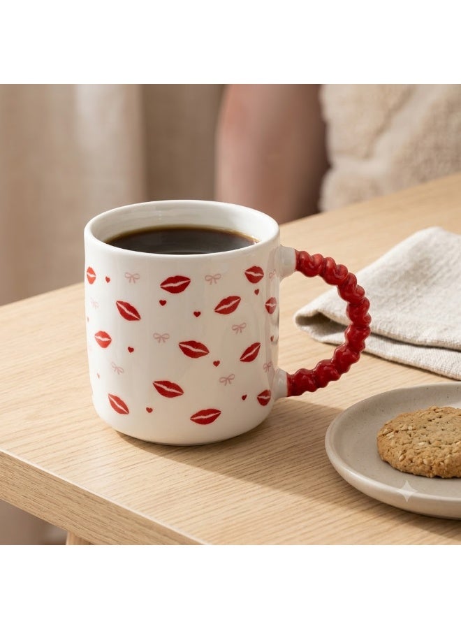White Ceramic Coffee and Tea Mug with Kiss Lips and Ribbon Pattern and Red Bubble Beaded Handle - Single Piece Mug for Home and Office - Image 3