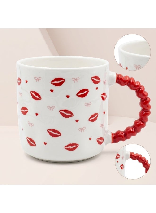 White Ceramic Coffee and Tea Mug with Kiss Lips and Ribbon Pattern and Red Bubble Beaded Handle - Single Piece Mug for Home and Office - Image 2